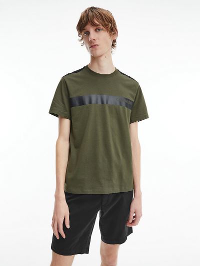 Calvin Klein Ruhák HU528508 | Calvin Klein Organic Cotton Stripe Logo Férfi Póló Sötét Olivazöld